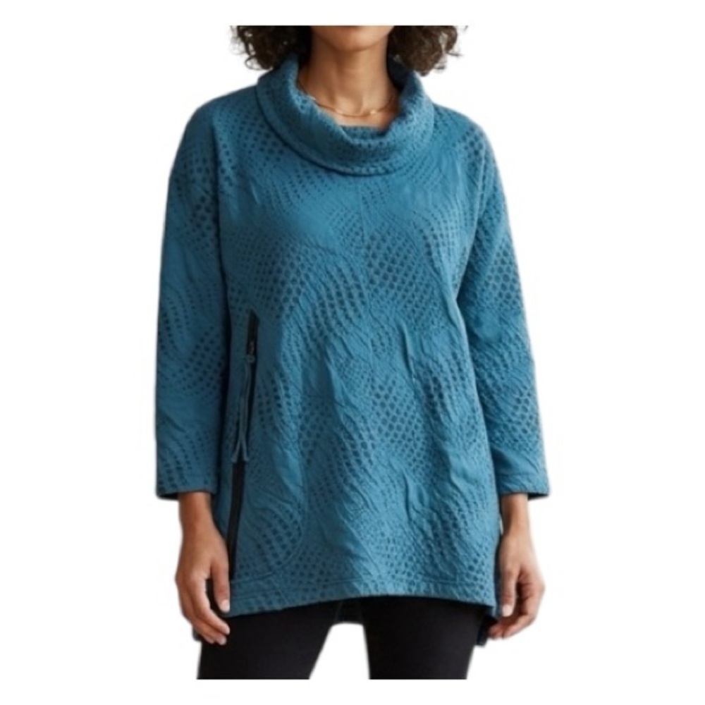 Ali Miles Blue Textured Cowl Neck Tunic Pullover Top with Side Zipper - Large